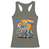 Funny Skeleton Riding Unicorn LGBTQ Pride Racerback Tank Top Rainbow Fantasy Graphic