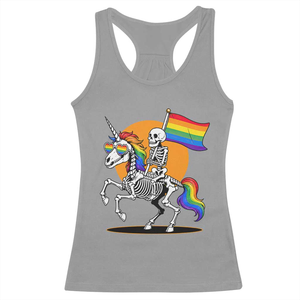 Funny Skeleton Riding Unicorn LGBTQ Pride Racerback Tank Top Rainbow Fantasy Graphic