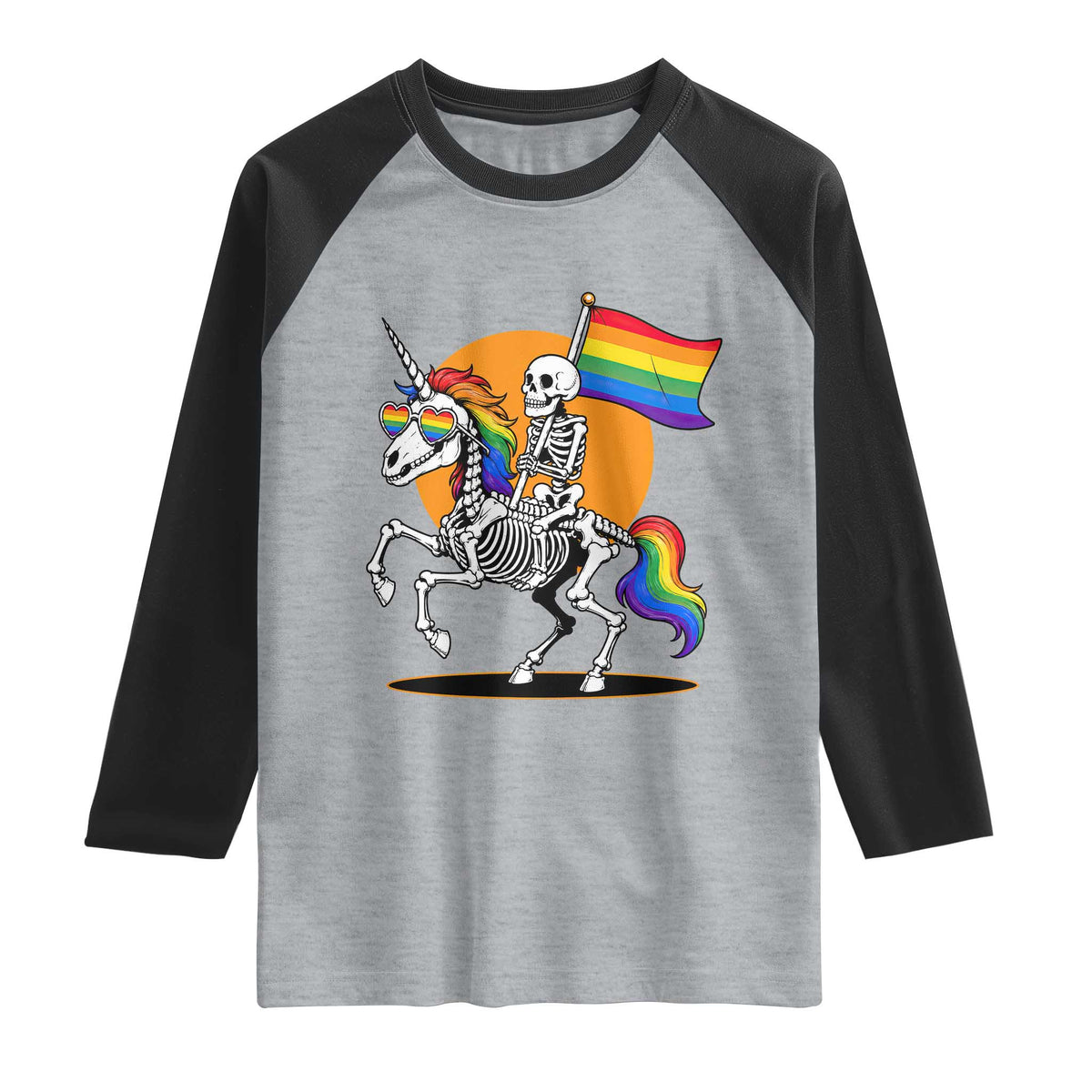 Funny Skeleton Riding Unicorn LGBTQ Pride Raglan Shirt Rainbow Fantasy Graphic