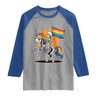 Funny Skeleton Riding Unicorn LGBTQ Pride Raglan Shirt Rainbow Fantasy Graphic