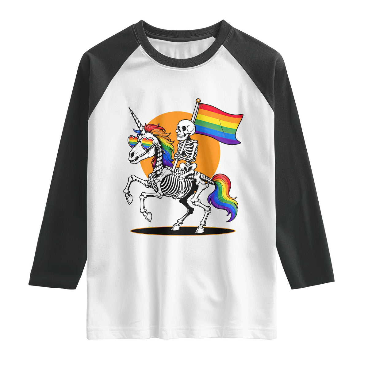 Funny Skeleton Riding Unicorn LGBTQ Pride Raglan Shirt Rainbow Fantasy Graphic