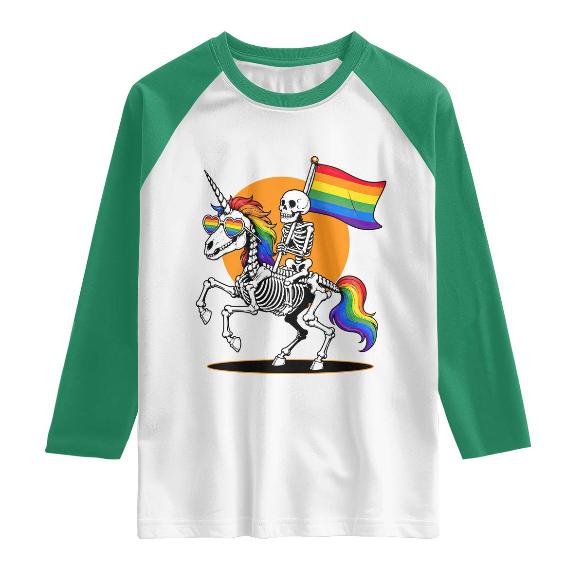 Funny Skeleton Riding Unicorn LGBTQ Pride Raglan Shirt Rainbow Fantasy Graphic
