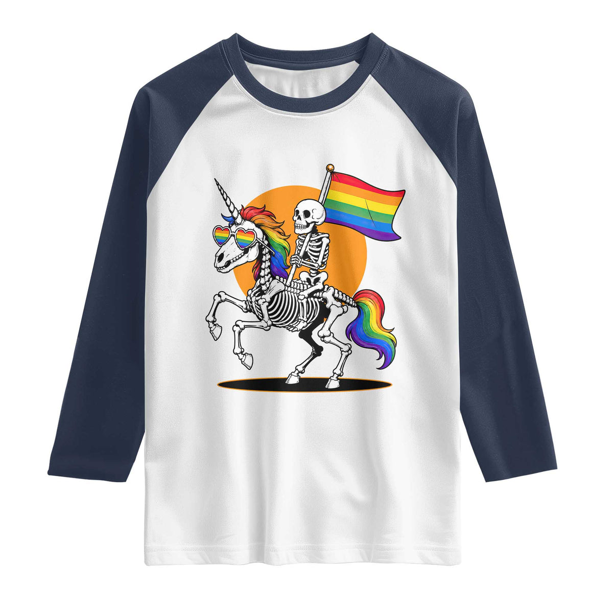 Funny Skeleton Riding Unicorn LGBTQ Pride Raglan Shirt Rainbow Fantasy Graphic