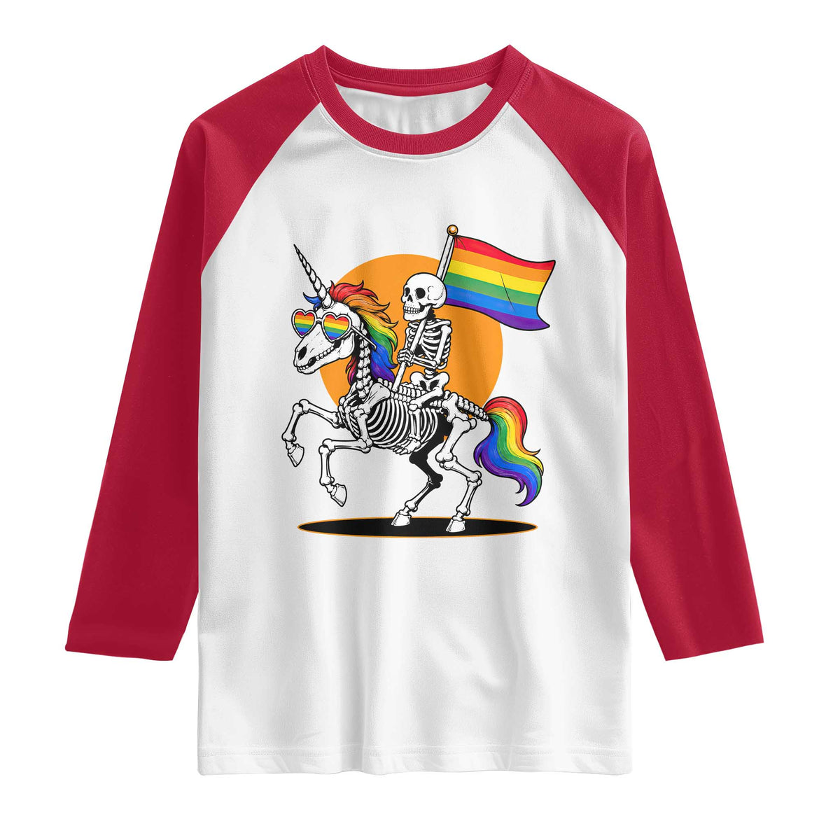 Funny Skeleton Riding Unicorn LGBTQ Pride Raglan Shirt Rainbow Fantasy Graphic
