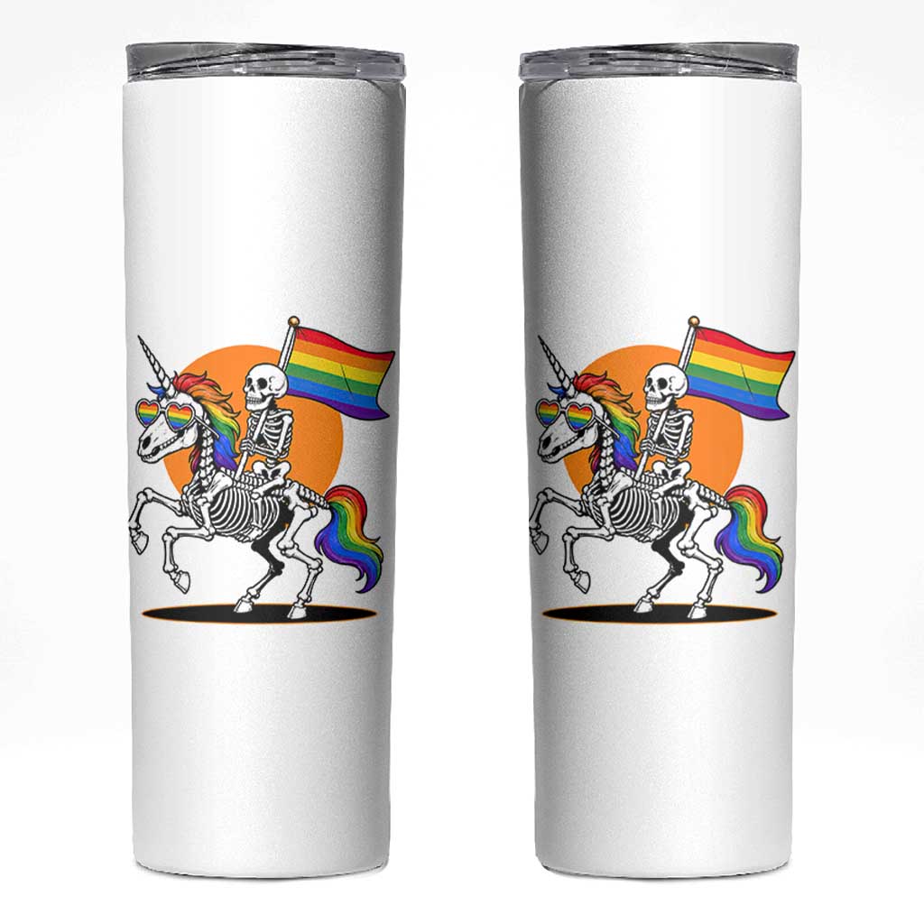 Funny Skeleton Riding Unicorn LGBTQ Pride Skinny Tumbler Rainbow Fantasy Graphic
