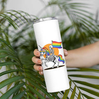 Funny Skeleton Riding Unicorn LGBTQ Pride Skinny Tumbler Rainbow Fantasy Graphic