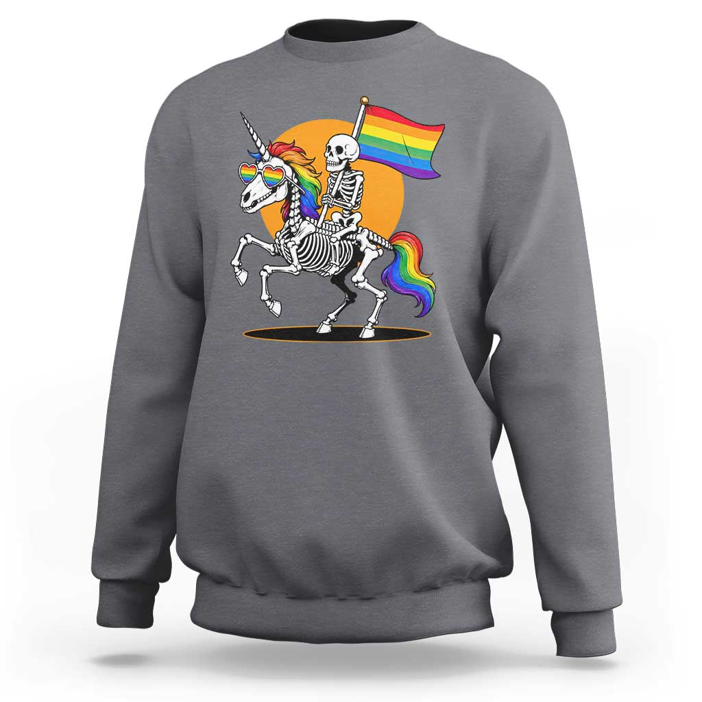 Funny Skeleton Riding Unicorn LGBTQ Pride Sweatshirt Rainbow Fantasy Graphic