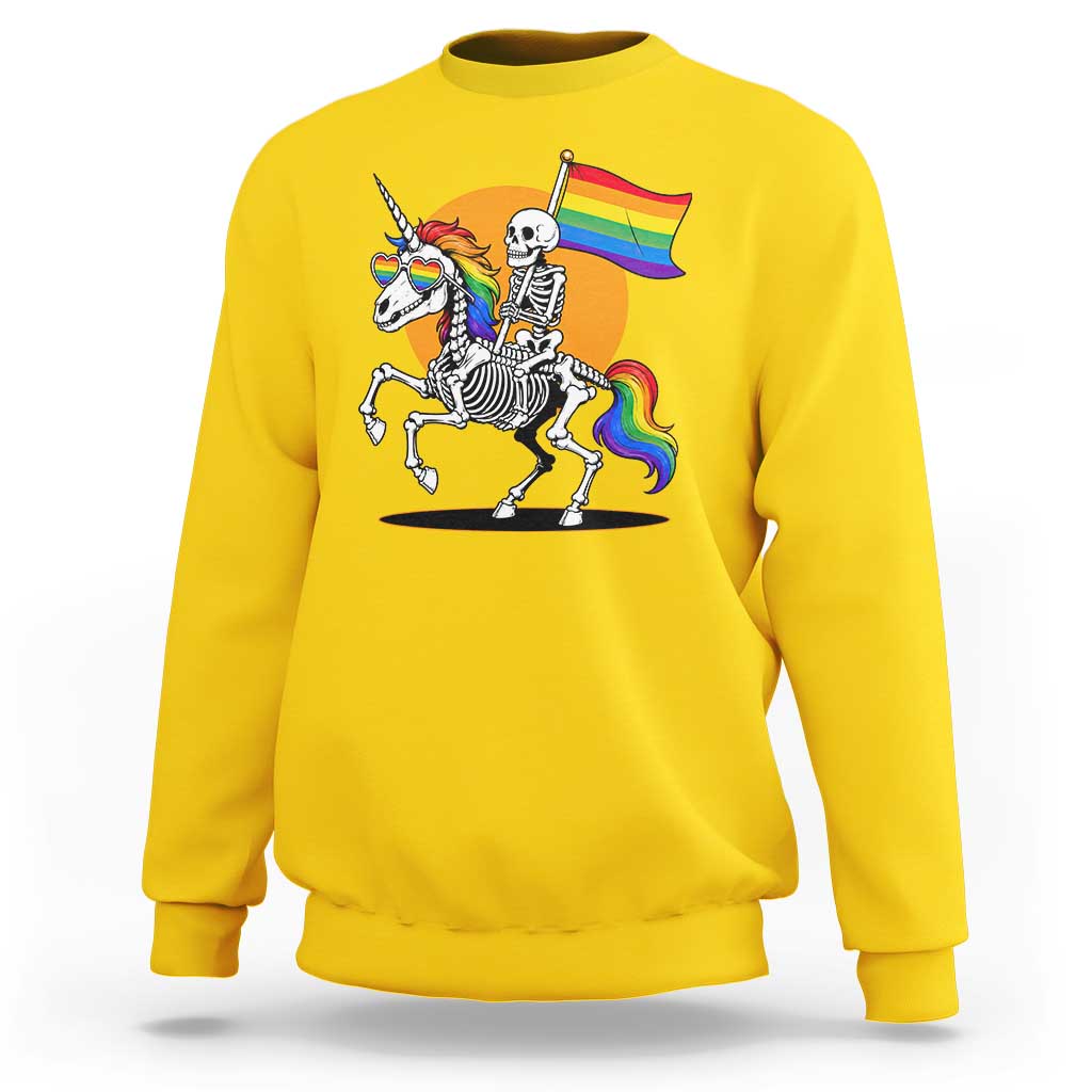 Funny Skeleton Riding Unicorn LGBTQ Pride Sweatshirt Rainbow Fantasy Graphic