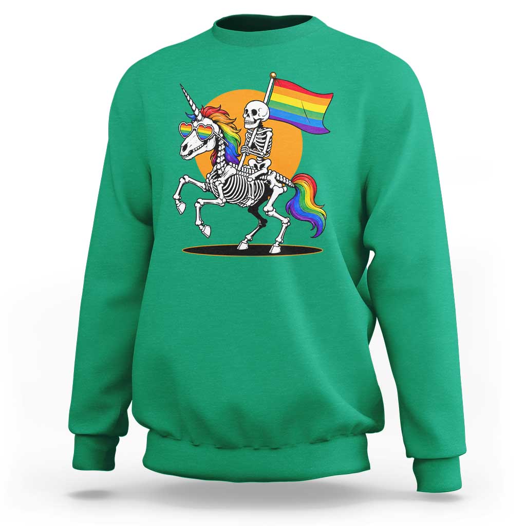 Funny Skeleton Riding Unicorn LGBTQ Pride Sweatshirt Rainbow Fantasy Graphic