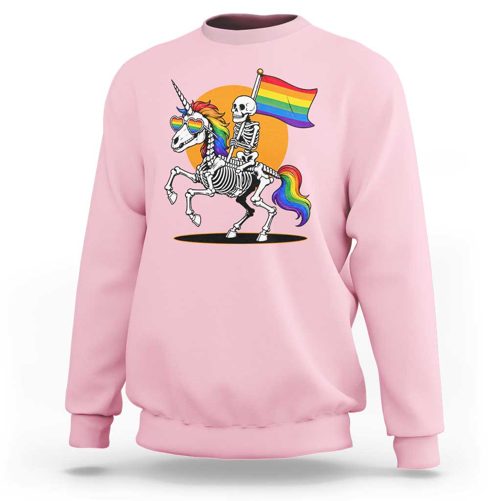 Funny Skeleton Riding Unicorn LGBTQ Pride Sweatshirt Rainbow Fantasy Graphic