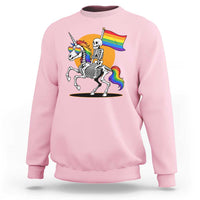 Funny Skeleton Riding Unicorn LGBTQ Pride Sweatshirt Rainbow Fantasy Graphic