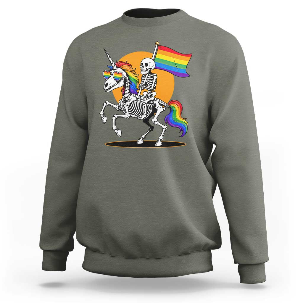 Funny Skeleton Riding Unicorn LGBTQ Pride Sweatshirt Rainbow Fantasy Graphic