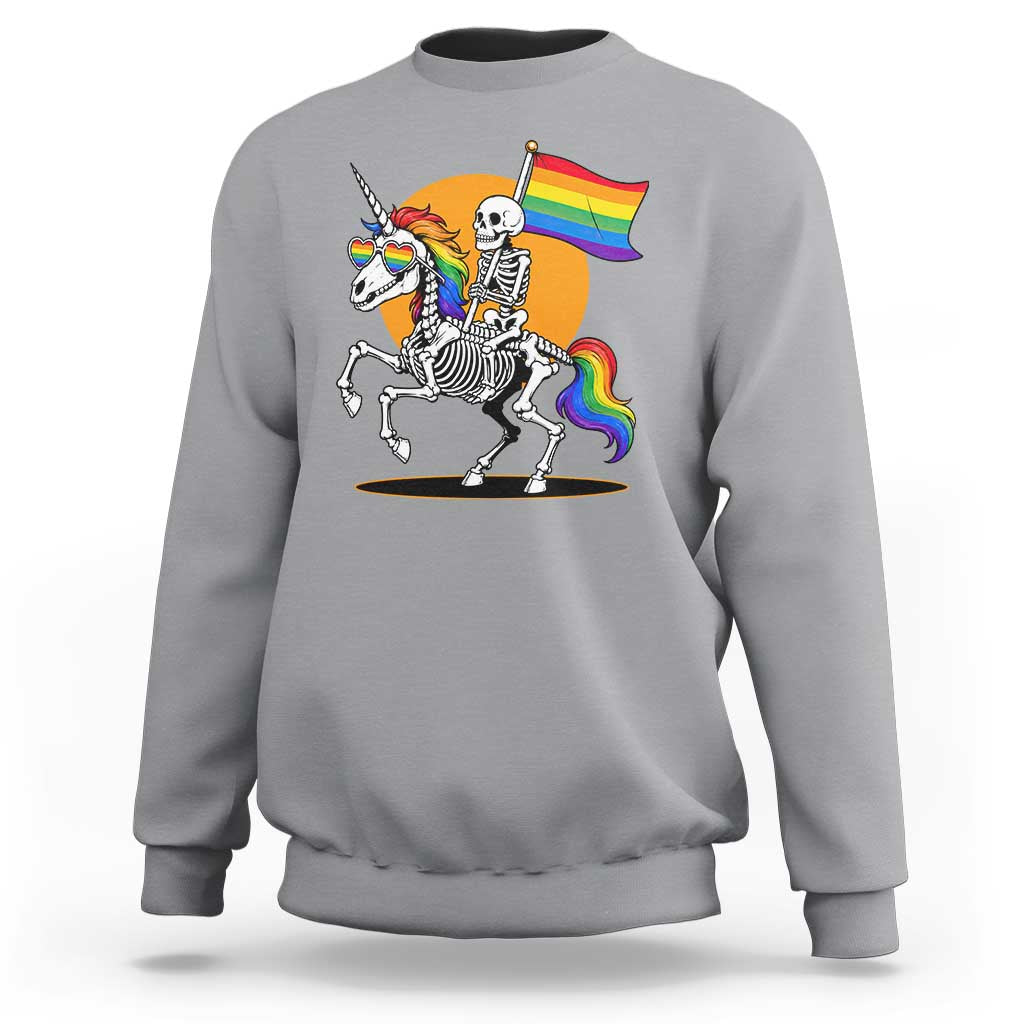 Funny Skeleton Riding Unicorn LGBTQ Pride Sweatshirt Rainbow Fantasy Graphic