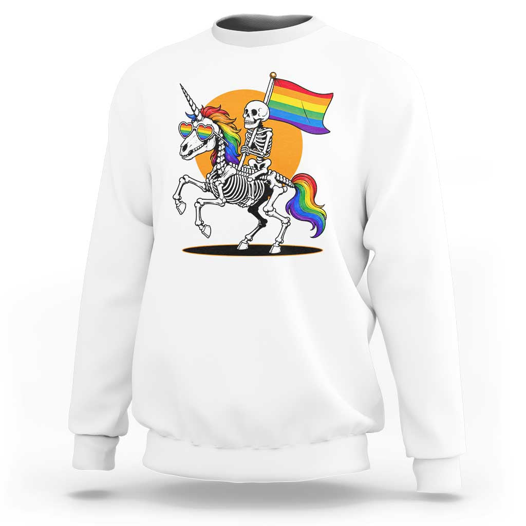 Funny Skeleton Riding Unicorn LGBTQ Pride Sweatshirt Rainbow Fantasy Graphic