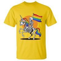 Funny Skeleton Riding Unicorn LGBTQ Pride T Shirt Rainbow Fantasy Graphic