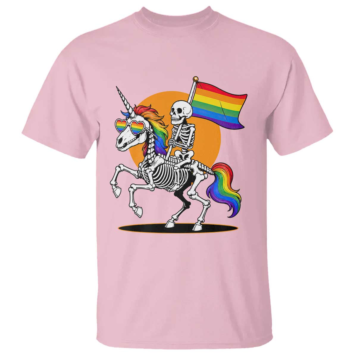 Funny Skeleton Riding Unicorn LGBTQ Pride T Shirt Rainbow Fantasy Graphic