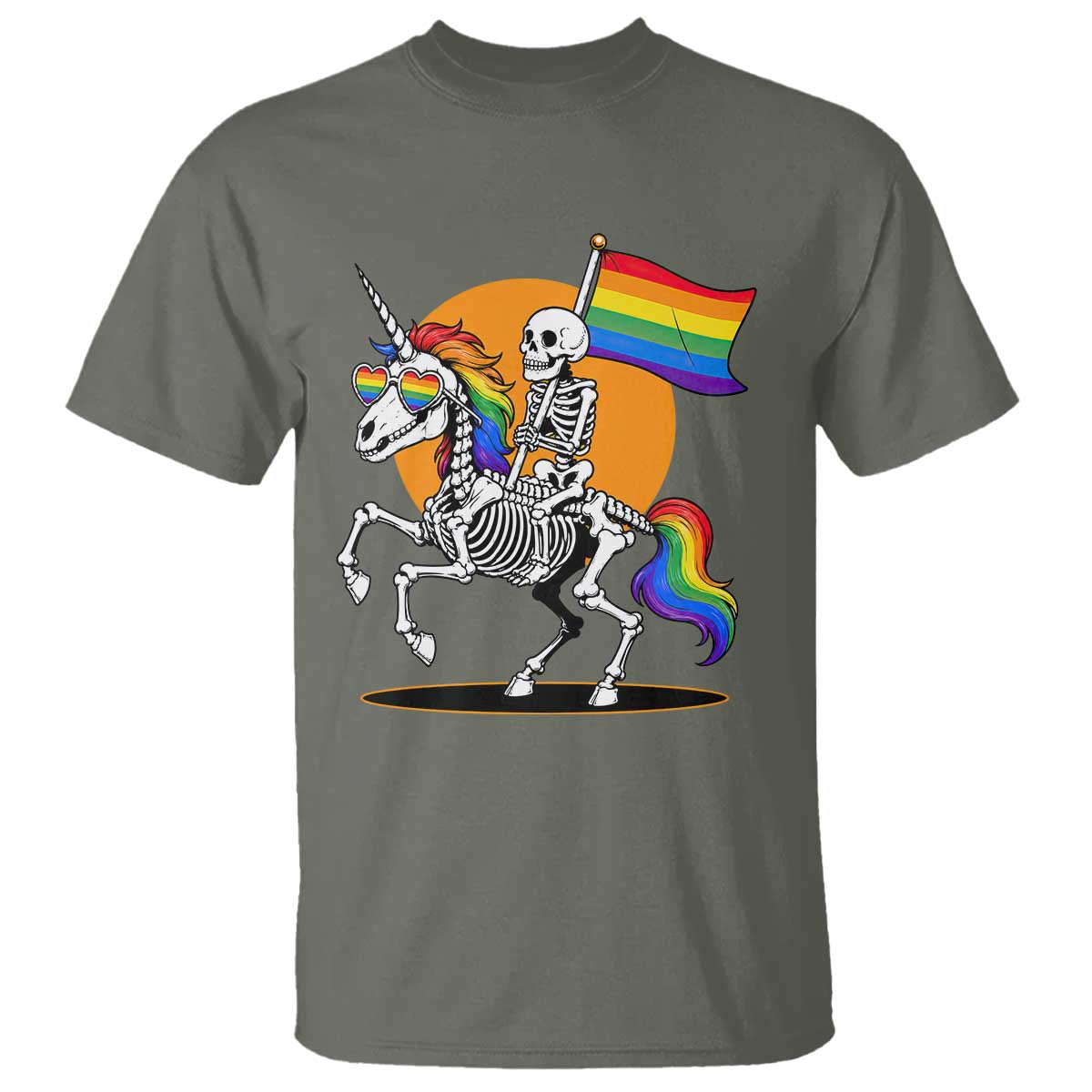 Funny Skeleton Riding Unicorn LGBTQ Pride T Shirt Rainbow Fantasy Graphic