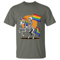 Funny Skeleton Riding Unicorn LGBTQ Pride T Shirt Rainbow Fantasy Graphic