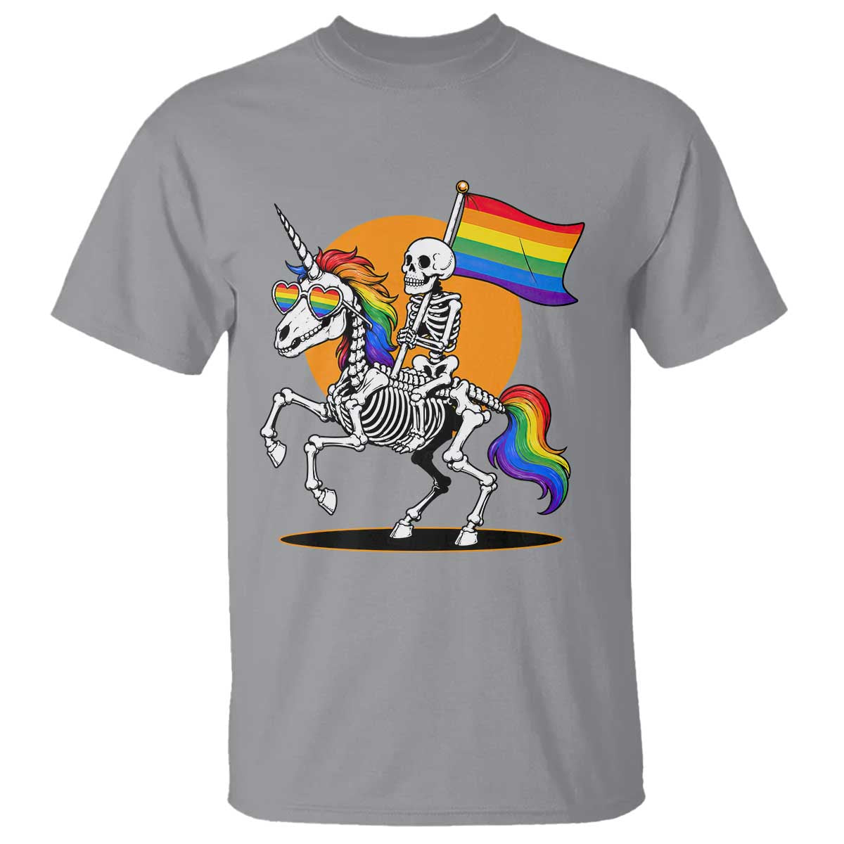 Funny Skeleton Riding Unicorn LGBTQ Pride T Shirt Rainbow Fantasy Graphic