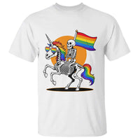 Funny Skeleton Riding Unicorn LGBTQ Pride T Shirt Rainbow Fantasy Graphic