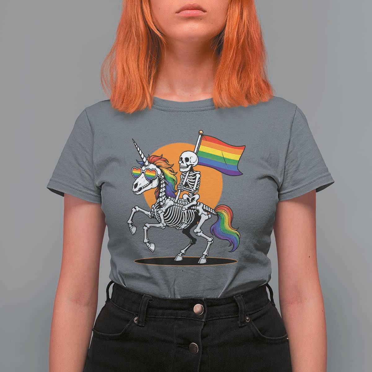 Funny Skeleton Riding Unicorn LGBTQ Pride T Shirt For Women Rainbow Fantasy Graphic