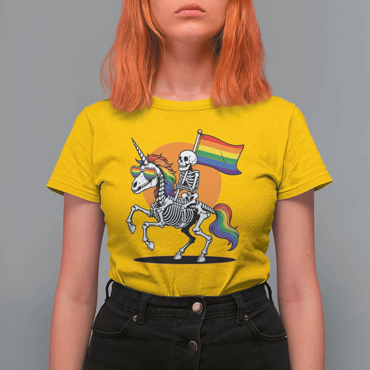Funny Skeleton Riding Unicorn LGBTQ Pride T Shirt For Women Rainbow Fantasy Graphic