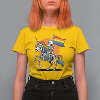 Funny Skeleton Riding Unicorn LGBTQ Pride T Shirt For Women Rainbow Fantasy Graphic
