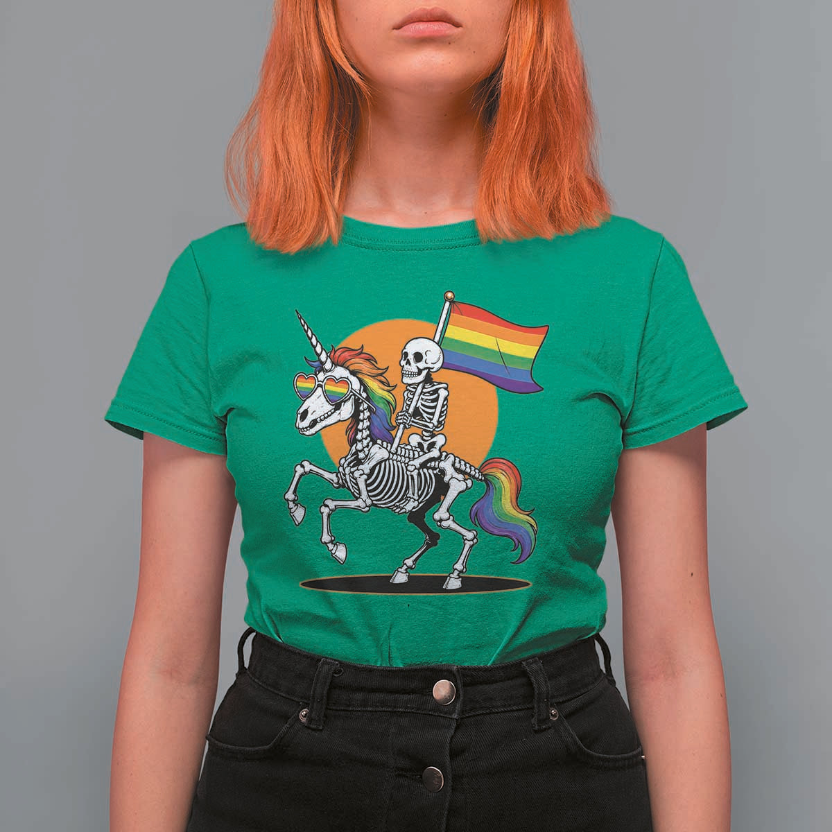 Funny Skeleton Riding Unicorn LGBTQ Pride T Shirt For Women Rainbow Fantasy Graphic