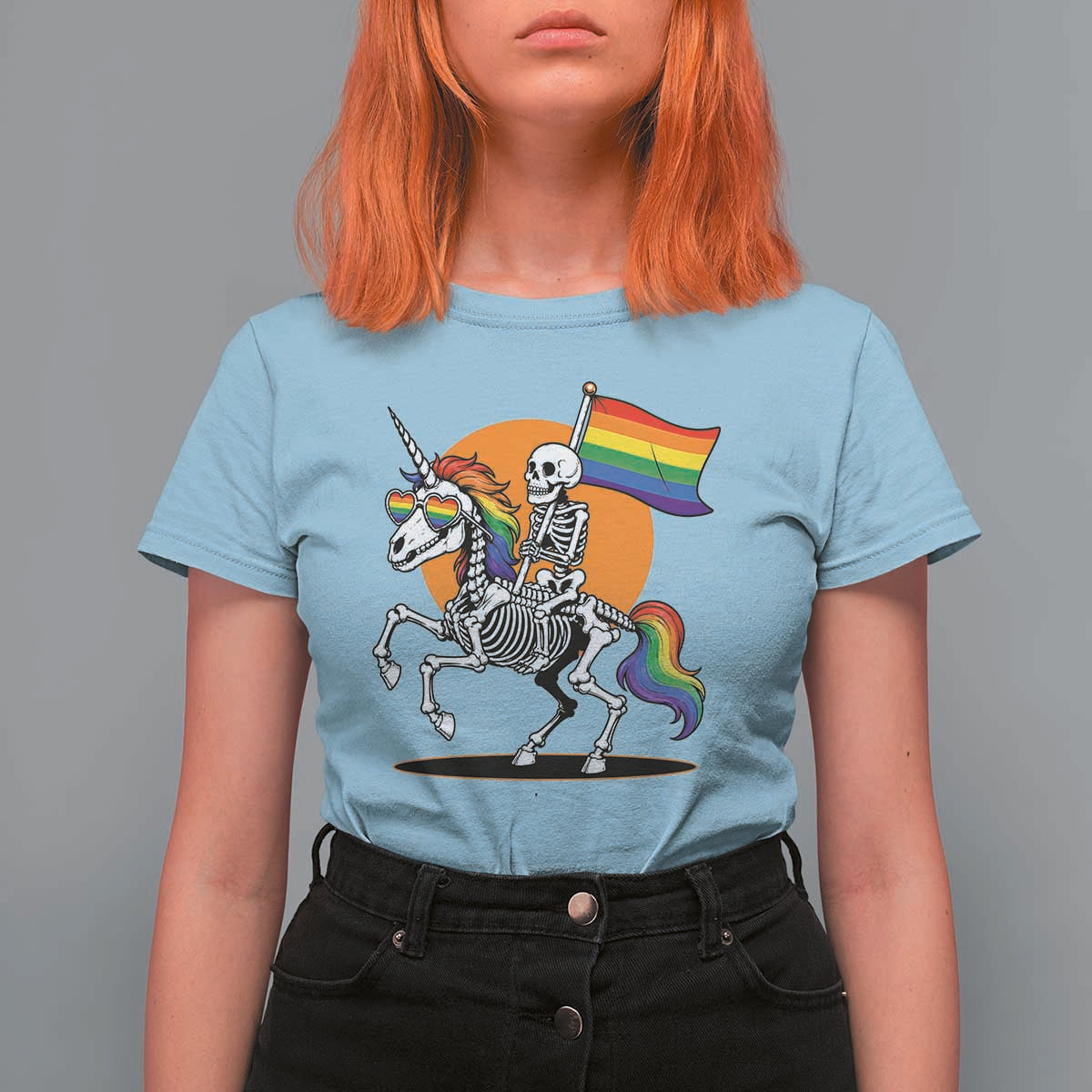 Funny Skeleton Riding Unicorn LGBTQ Pride T Shirt For Women Rainbow Fantasy Graphic