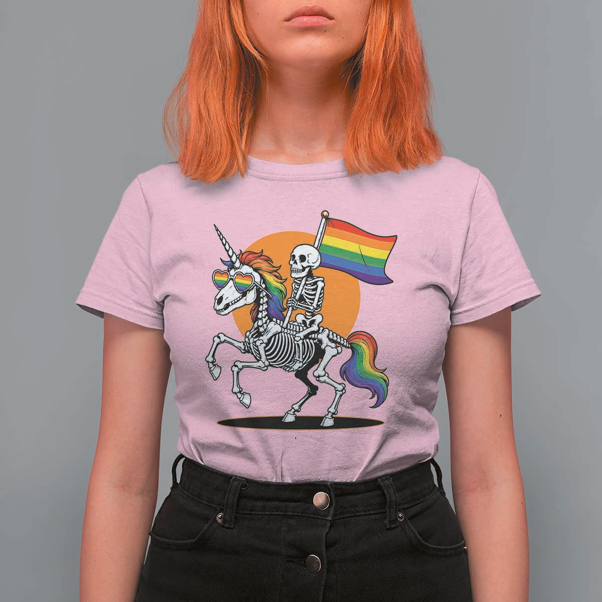 Funny Skeleton Riding Unicorn LGBTQ Pride T Shirt For Women Rainbow Fantasy Graphic