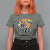 Funny Skeleton Riding Unicorn LGBTQ Pride T Shirt For Women Rainbow Fantasy Graphic