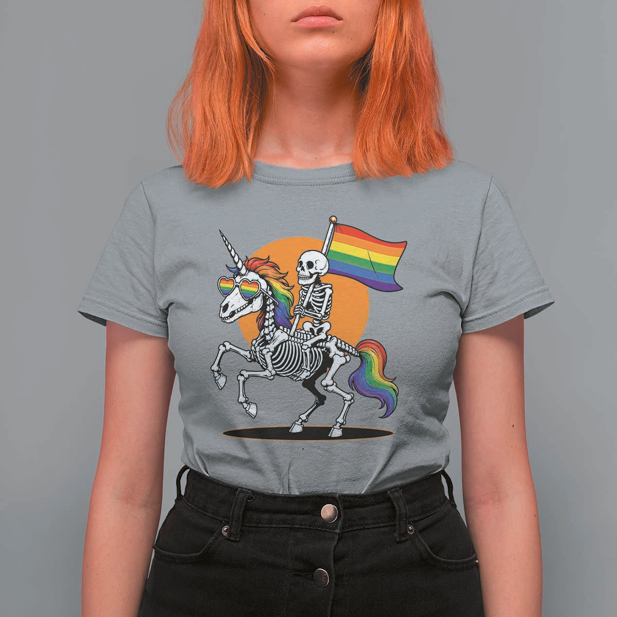 Funny Skeleton Riding Unicorn LGBTQ Pride T Shirt For Women Rainbow Fantasy Graphic