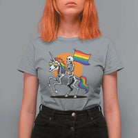Funny Skeleton Riding Unicorn LGBTQ Pride T Shirt For Women Rainbow Fantasy Graphic