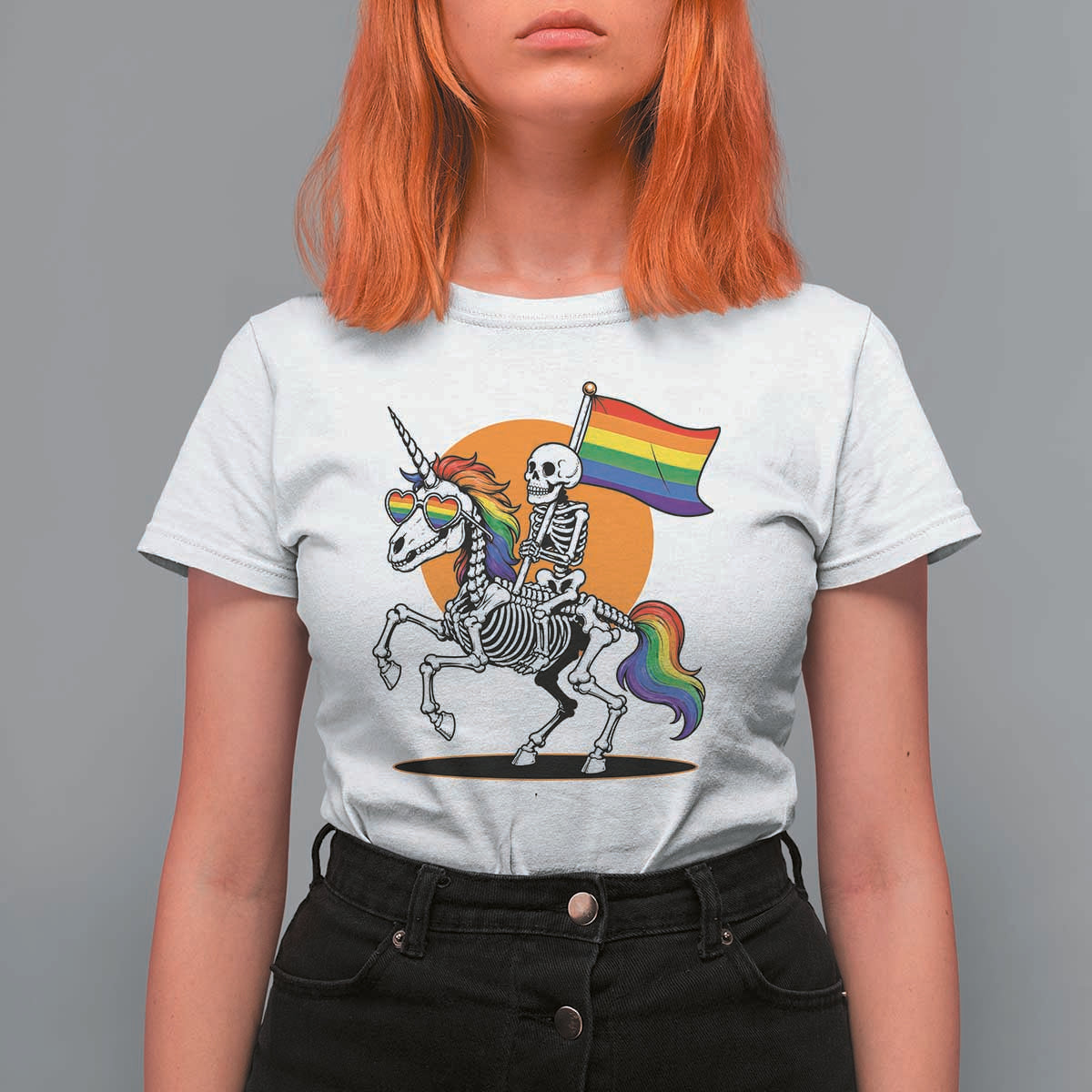 Funny Skeleton Riding Unicorn LGBTQ Pride T Shirt For Women Rainbow Fantasy Graphic