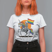 Funny Skeleton Riding Unicorn LGBTQ Pride T Shirt For Women Rainbow Fantasy Graphic