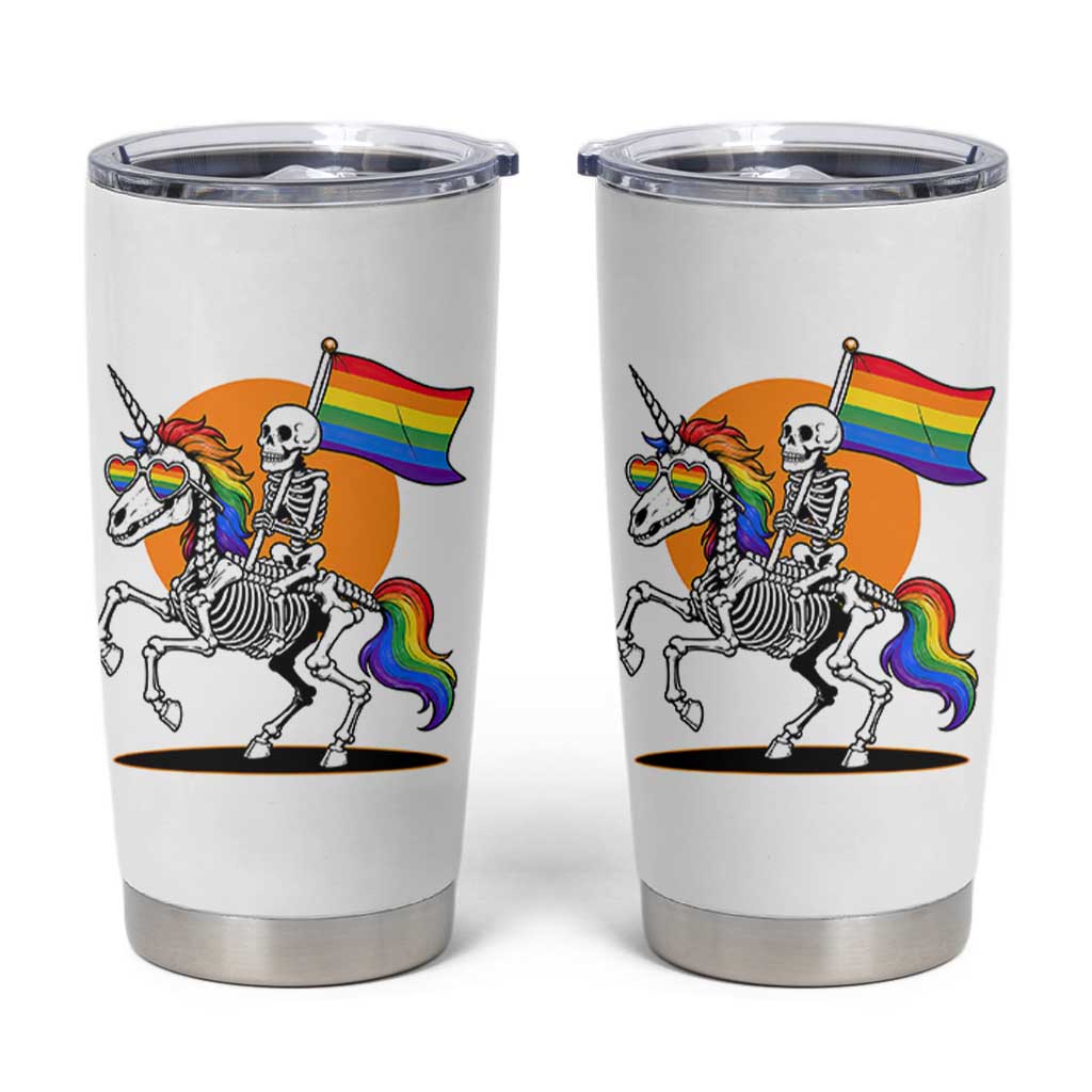 Funny Skeleton Riding Unicorn LGBTQ Pride Tumbler Cup Rainbow Fantasy Graphic