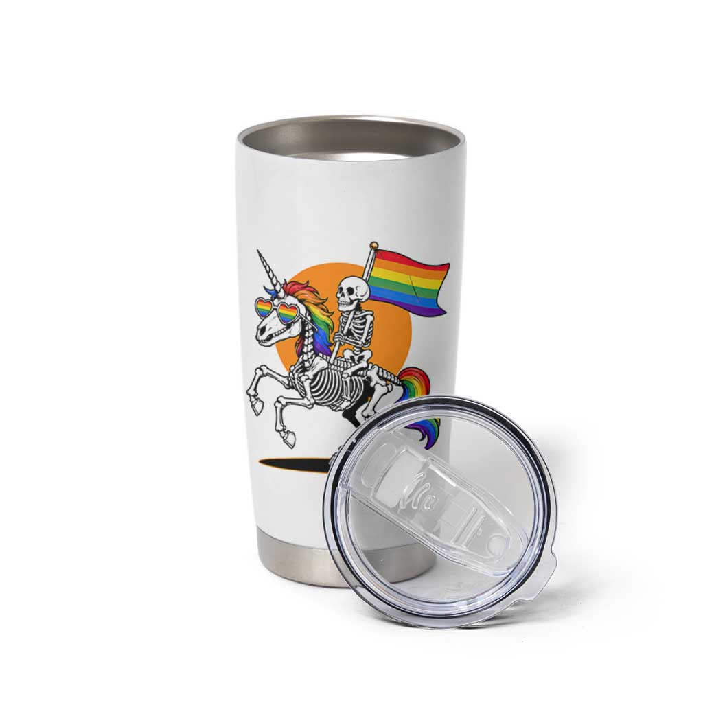 Funny Skeleton Riding Unicorn LGBTQ Pride Tumbler Cup Rainbow Fantasy Graphic