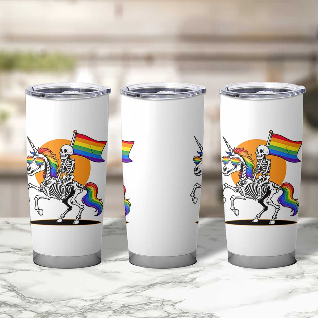 Funny Skeleton Riding Unicorn LGBTQ Pride Tumbler Cup Rainbow Fantasy Graphic