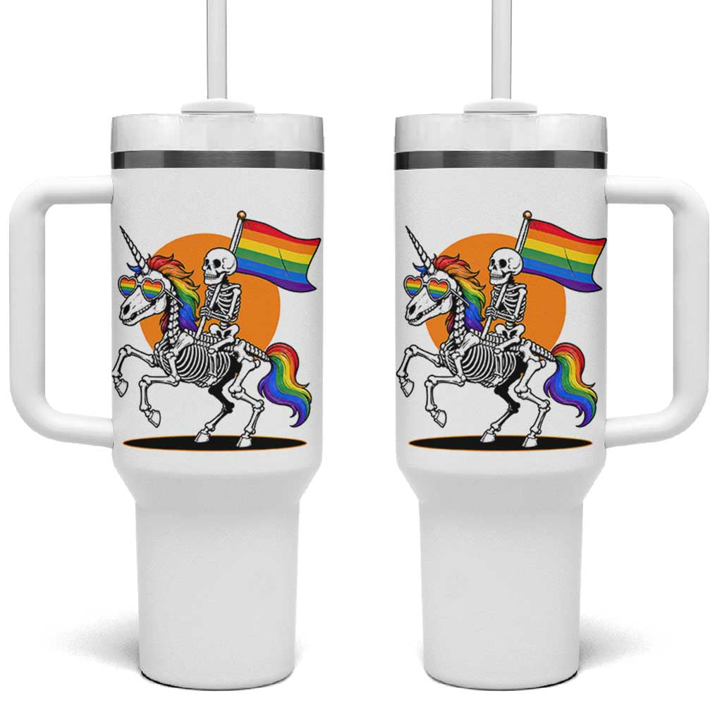 Funny Skeleton Riding Unicorn LGBTQ Pride Tumbler With Handle Rainbow Fantasy Graphic