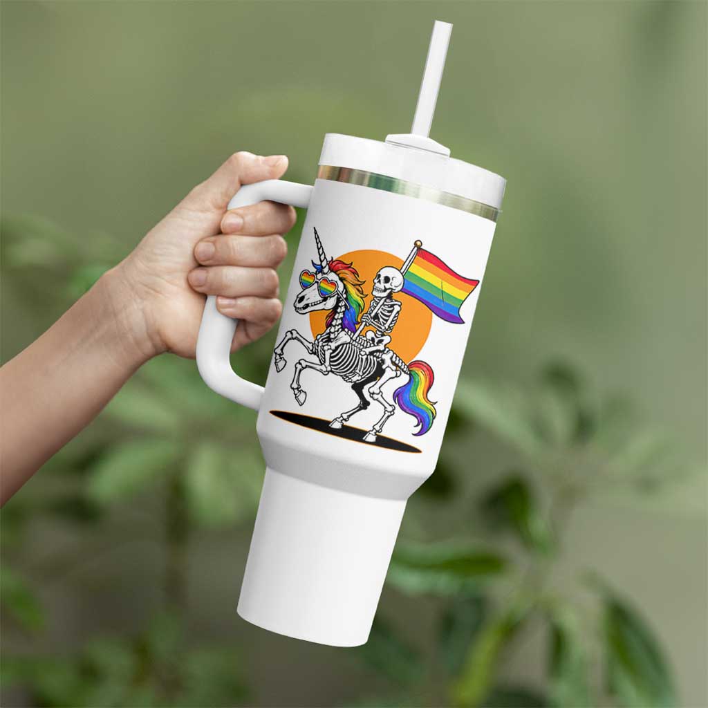 Funny Skeleton Riding Unicorn LGBTQ Pride Tumbler With Handle Rainbow Fantasy Graphic