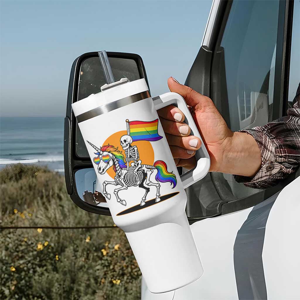 Funny Skeleton Riding Unicorn LGBTQ Pride Tumbler With Handle Rainbow Fantasy Graphic