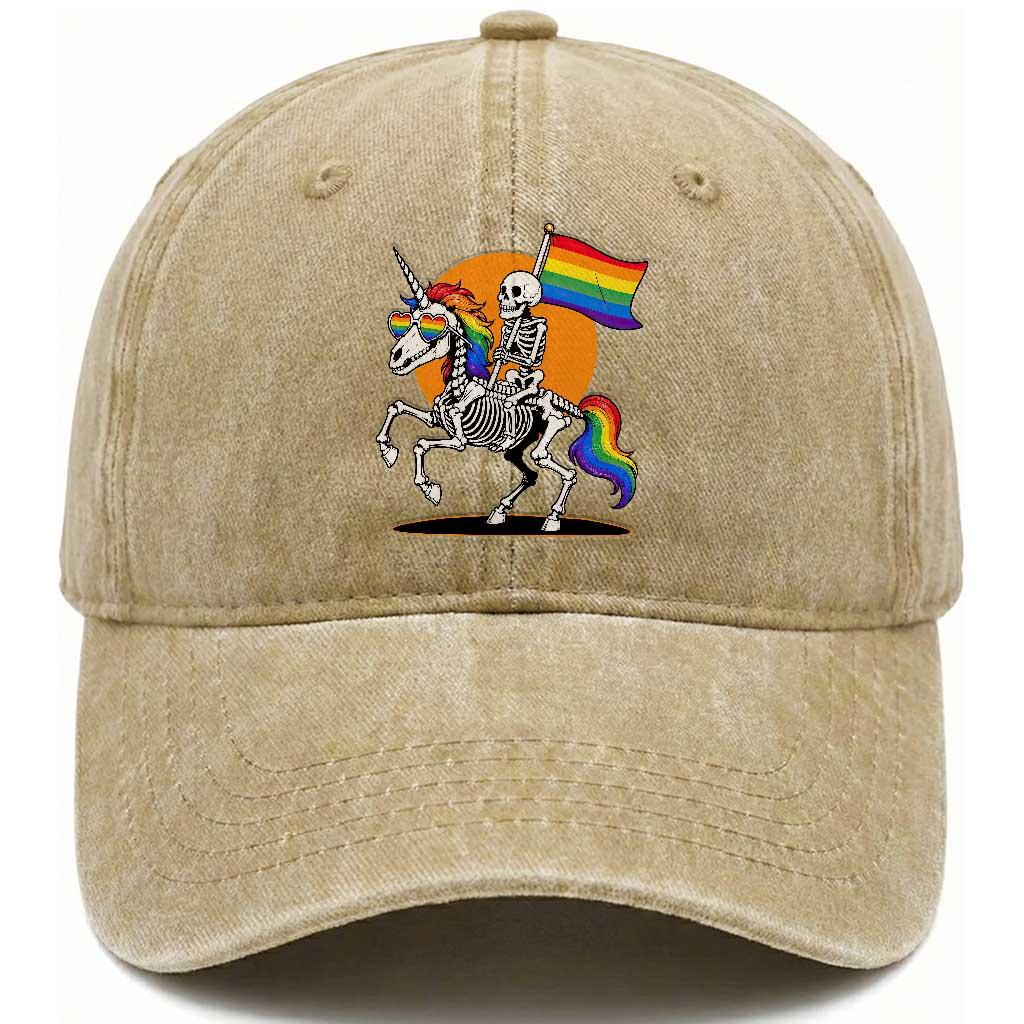 Funny Skeleton Riding Unicorn LGBTQ Pride Washed Cotton Baseball Cap Rainbow Fantasy Graphic