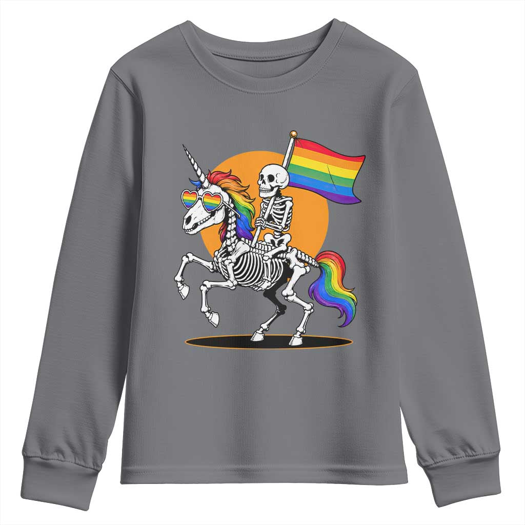 Funny Skeleton Riding Unicorn LGBTQ Pride Youth Sweatshirt Rainbow Fantasy Graphic