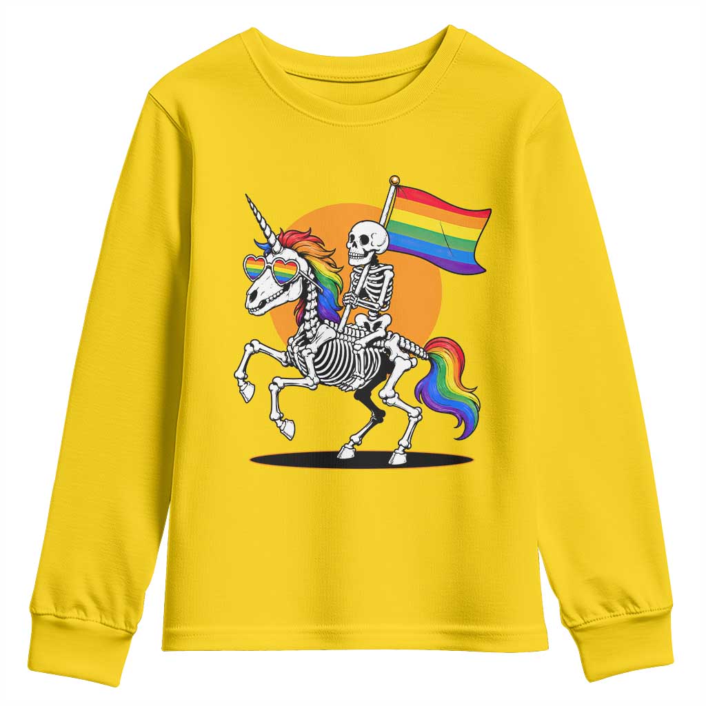 Funny Skeleton Riding Unicorn LGBTQ Pride Youth Sweatshirt Rainbow Fantasy Graphic