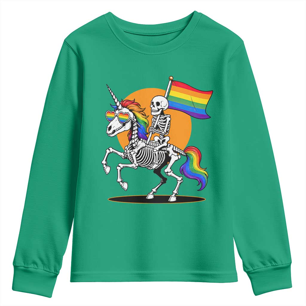 Funny Skeleton Riding Unicorn LGBTQ Pride Youth Sweatshirt Rainbow Fantasy Graphic
