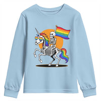 Funny Skeleton Riding Unicorn LGBTQ Pride Youth Sweatshirt Rainbow Fantasy Graphic