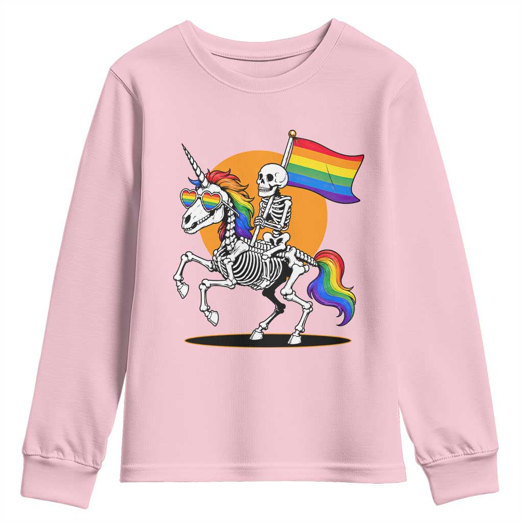 Funny Skeleton Riding Unicorn LGBTQ Pride Youth Sweatshirt Rainbow Fantasy Graphic