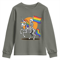 Funny Skeleton Riding Unicorn LGBTQ Pride Youth Sweatshirt Rainbow Fantasy Graphic