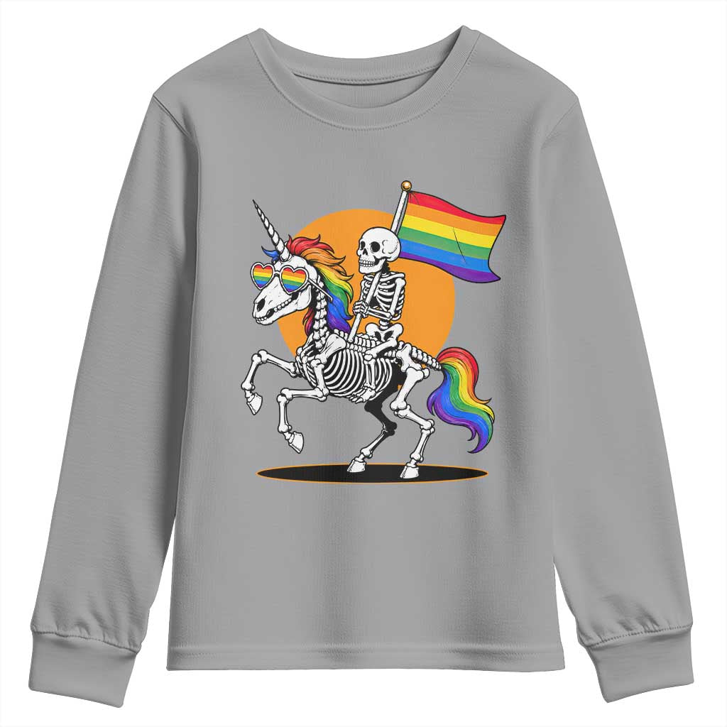 Funny Skeleton Riding Unicorn LGBTQ Pride Youth Sweatshirt Rainbow Fantasy Graphic