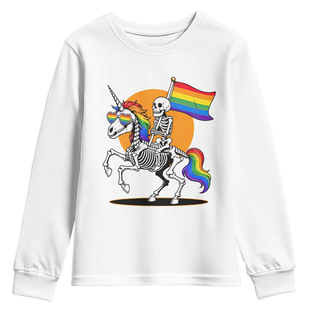 Funny Skeleton Riding Unicorn LGBTQ Pride Youth Sweatshirt Rainbow Fantasy Graphic